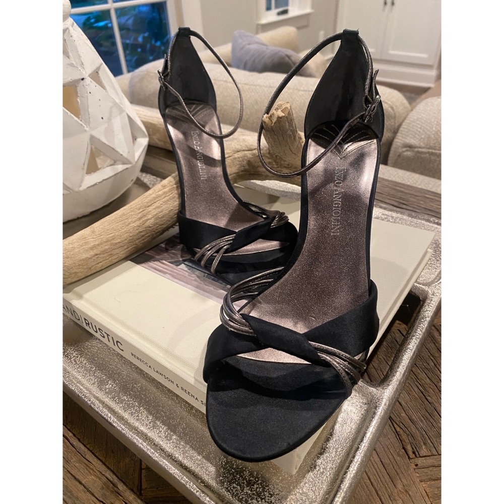 Enzo Angiolini Black Satin Ankle-Strap Heels with Metallic Accent